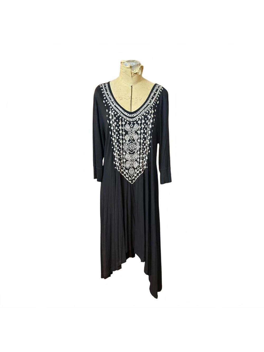 Black Long Sleeve Dress with White Embroidered Front Detail